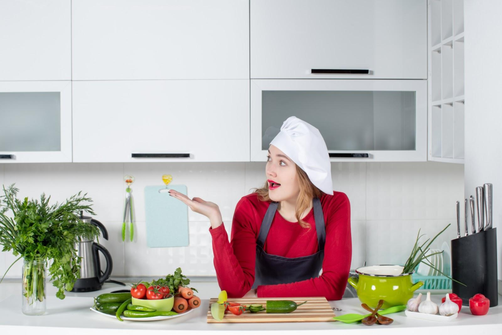 Women with cooking ingredients in the front